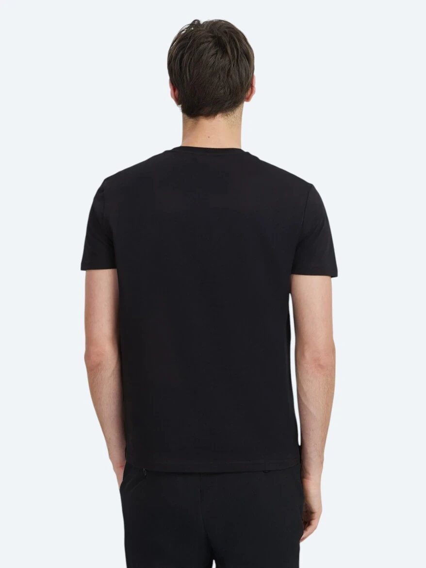 Siyah Baskılı Bisiklet Yaka %100 Pamuk T-Shirt - 4