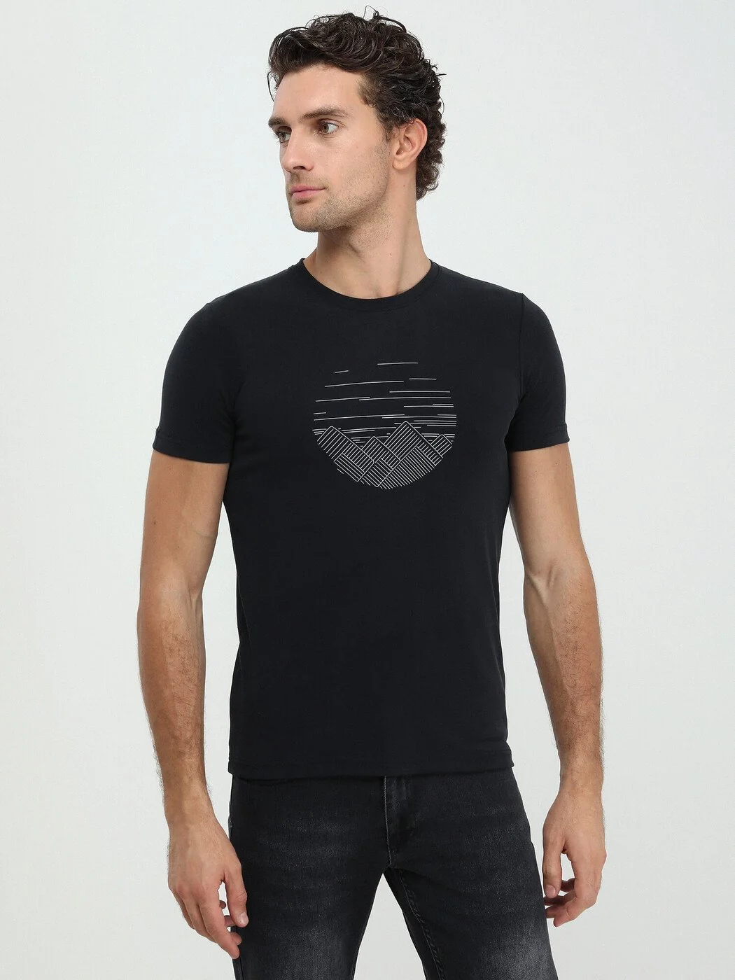 Siyah Baskılı Bisiklet Yaka T-Shirt - 1