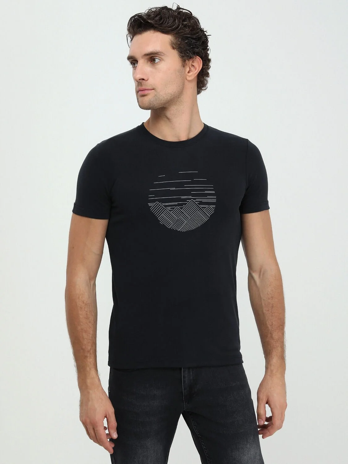 Siyah Baskılı Bisiklet Yaka T-Shirt - 1