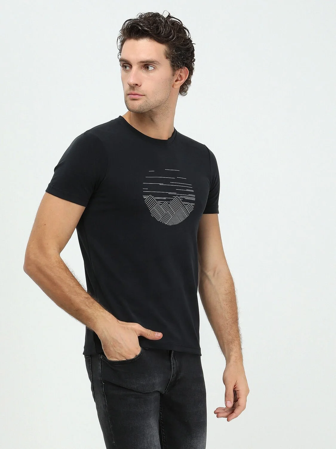 Siyah Baskılı Bisiklet Yaka T-Shirt - 2