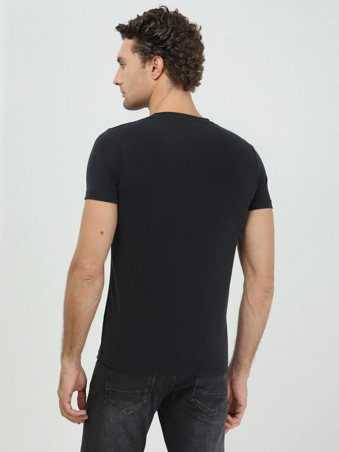 Siyah Baskılı Bisiklet Yaka T-Shirt - 5