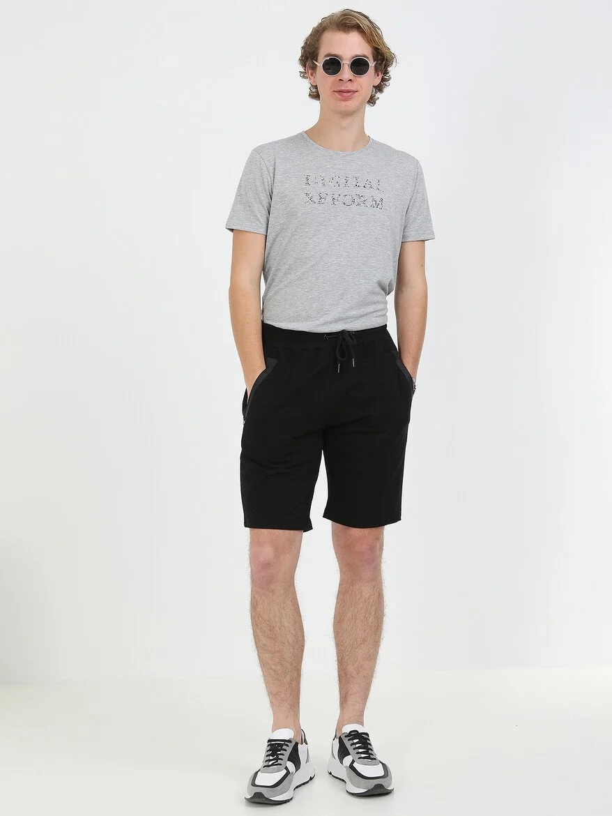 Siyah Baskılı Örme Slim Fit Casual Pamuk Karışımlı Bermuda - 2