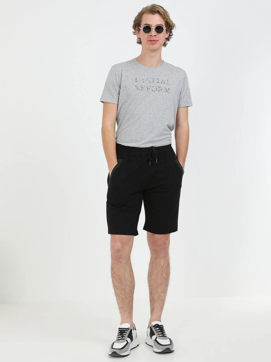 Siyah Baskılı Örme Slim Fit Casual Pamuk Karışımlı Bermuda - 2