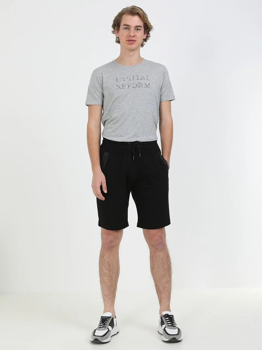 Siyah Baskılı Örme Slim Fit Casual Pamuk Karışımlı Bermuda - 3
