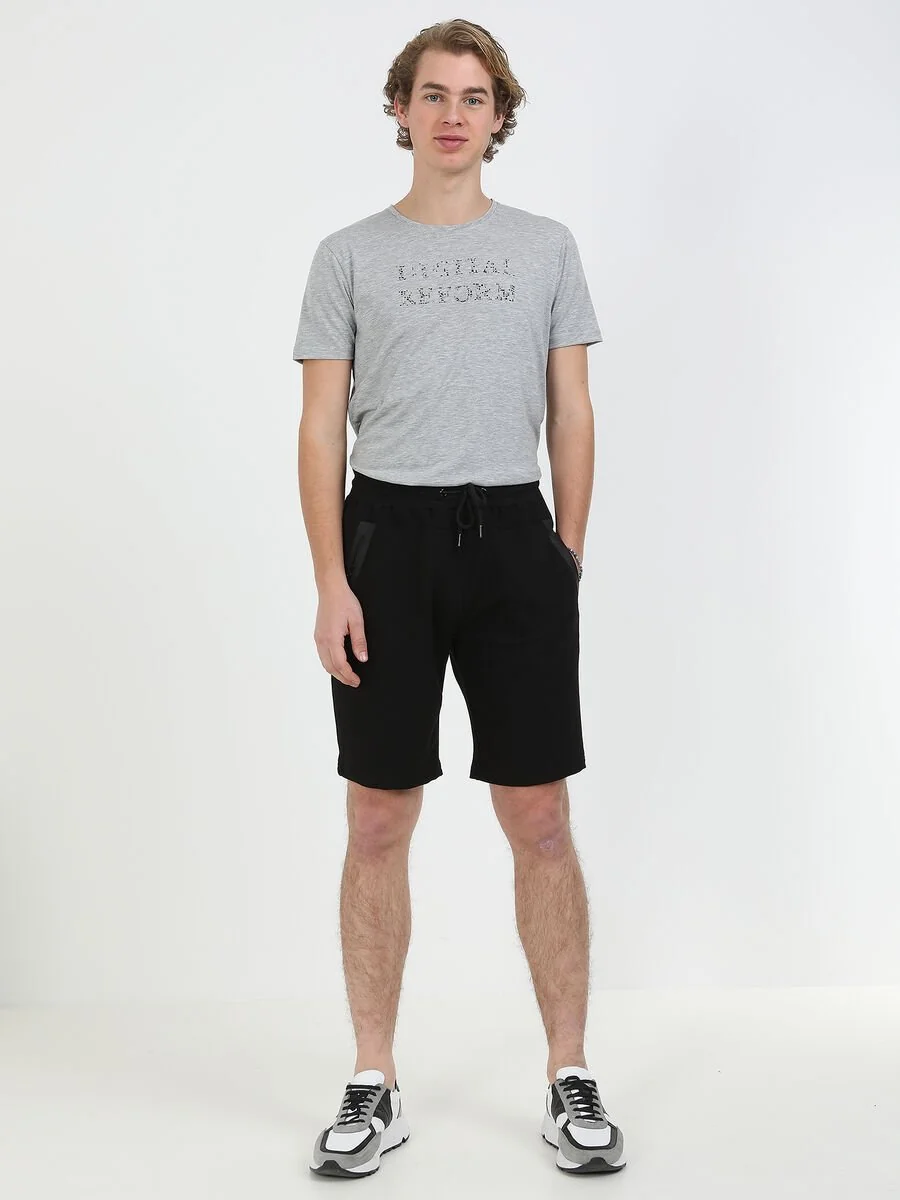 Siyah Baskılı Örme Slim Fit Casual Pamuk Karışımlı Bermuda - 3