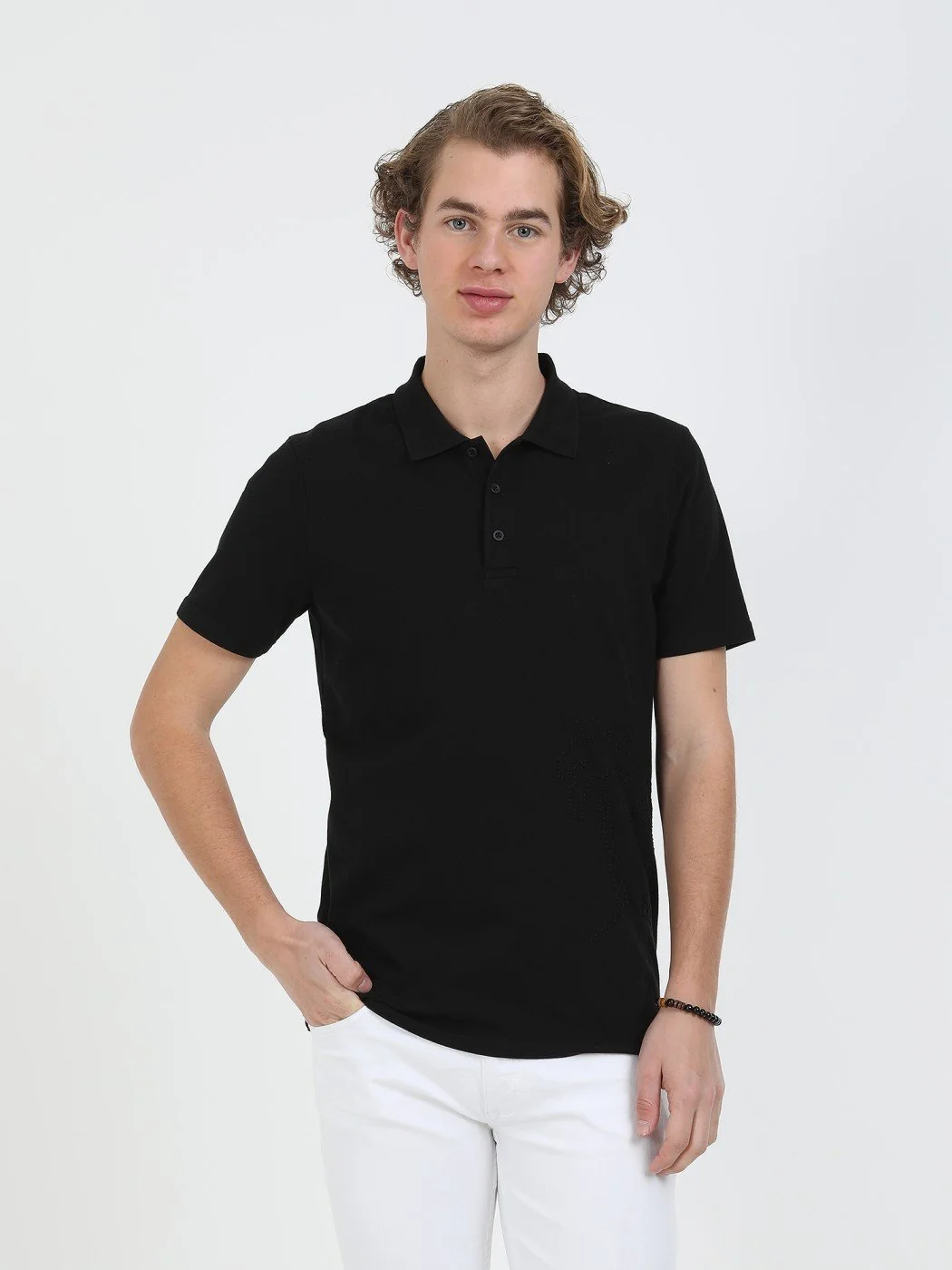 Siyah Baskılı Polo Yaka %100 Pamuk T-Shirt - 1