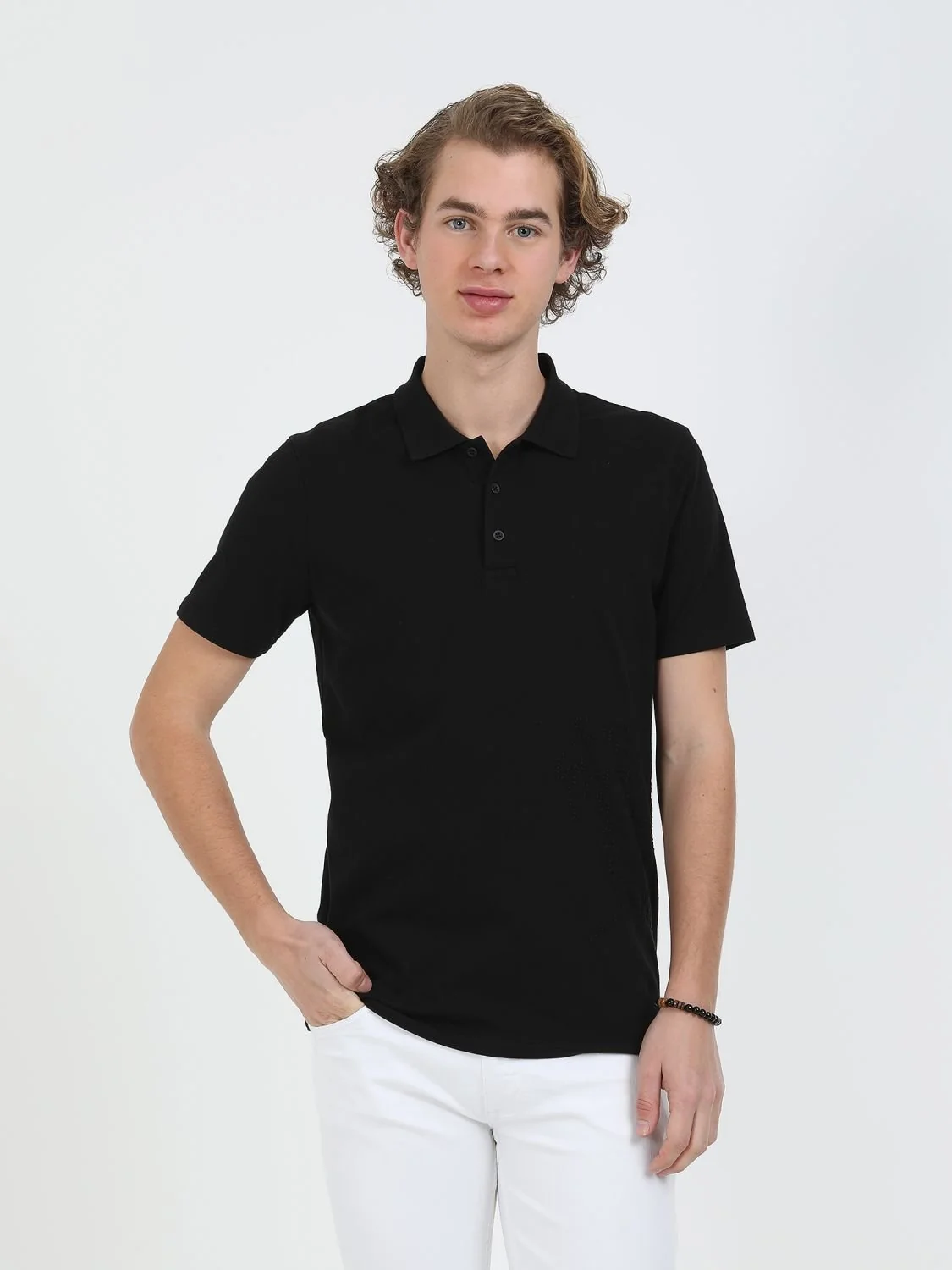 Siyah Baskılı Polo Yaka %100 Pamuk T-Shirt - 1