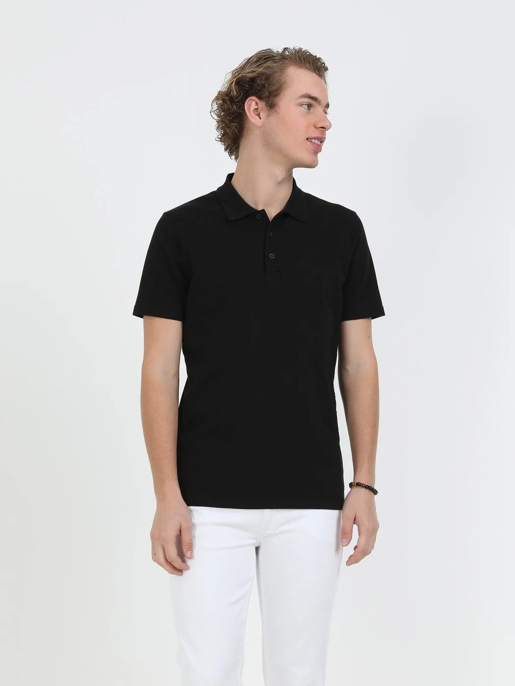 Siyah Baskılı Polo Yaka %100 Pamuk T-Shirt - 2