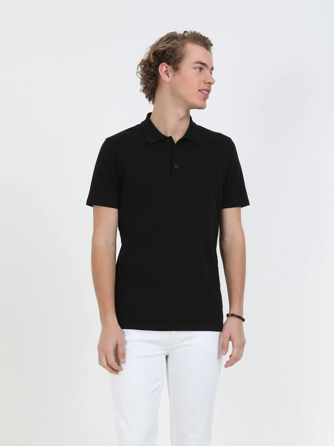 Siyah Baskılı Polo Yaka %100 Pamuk T-Shirt - 2