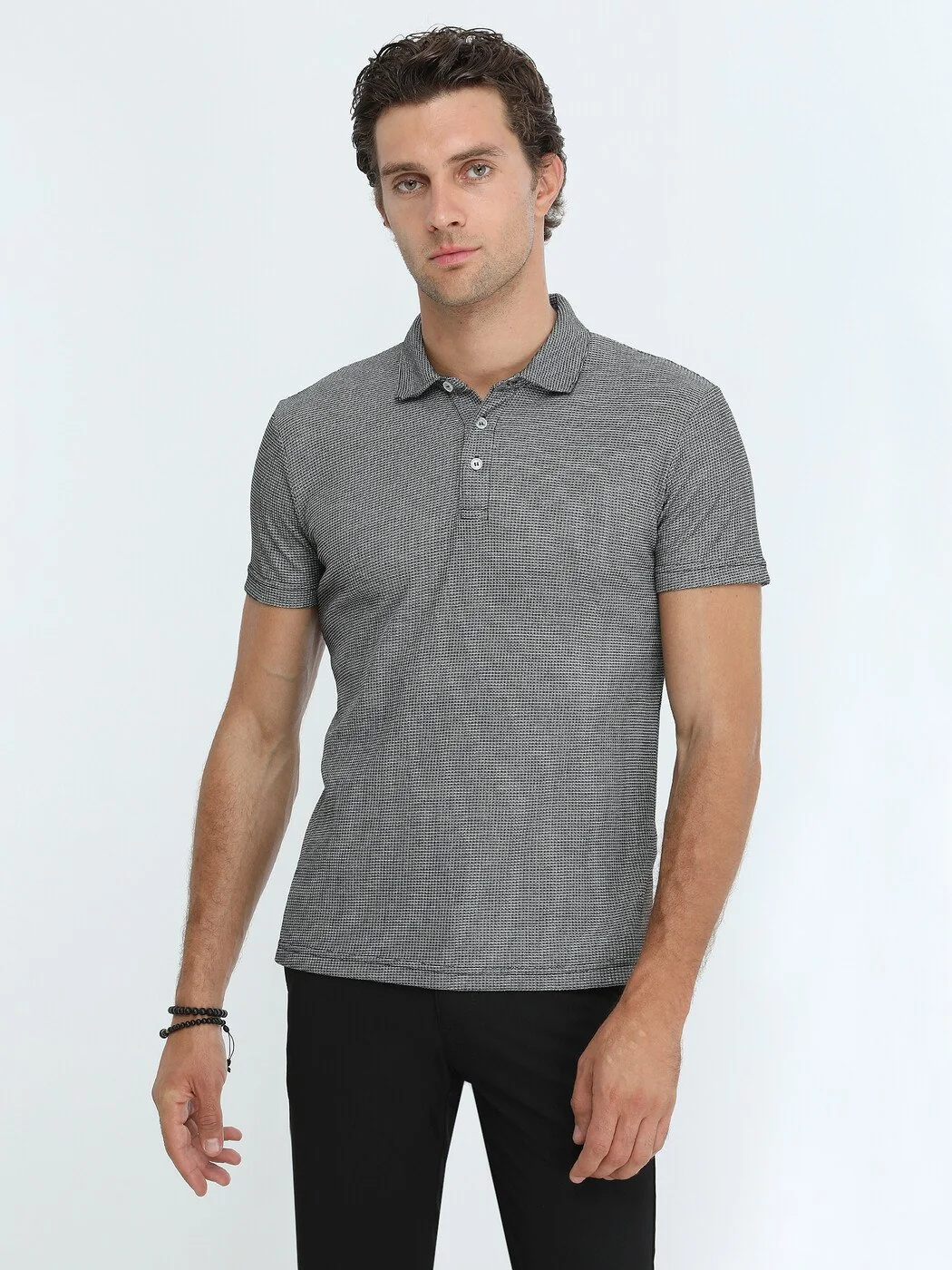Siyah Baskılı Polo Yaka Pamuk Karışımlı T-Shirt - 1