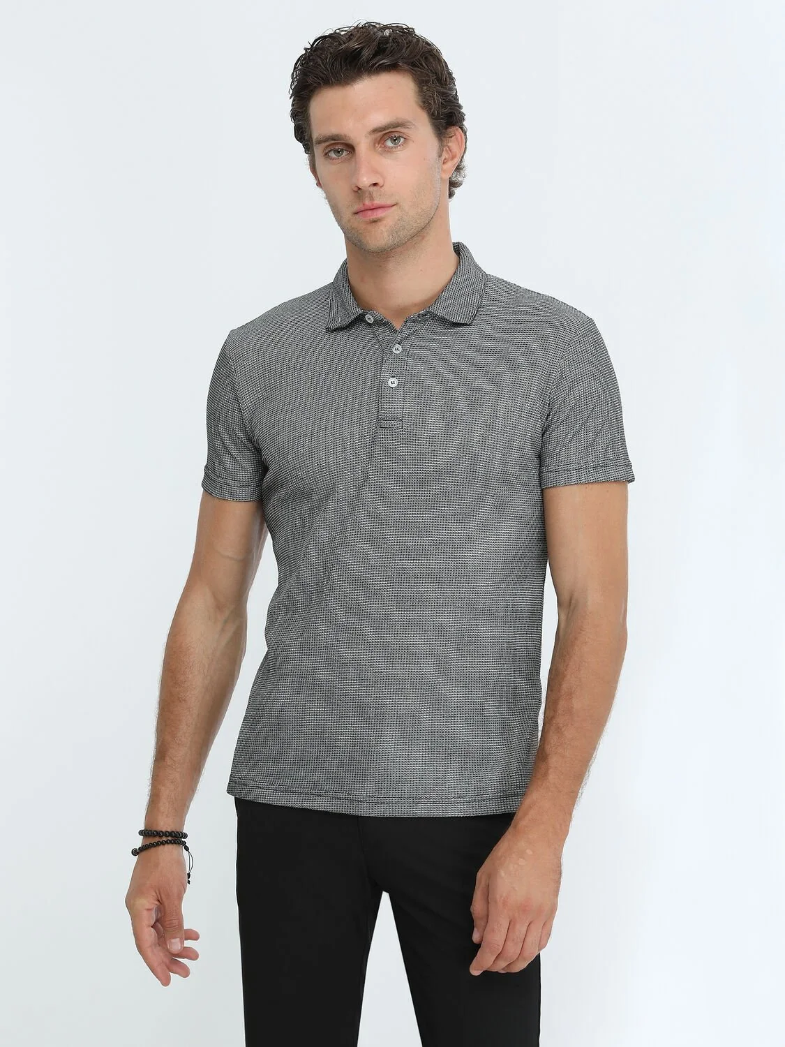 Siyah Baskılı Polo Yaka Pamuk Karışımlı T-Shirt - 1