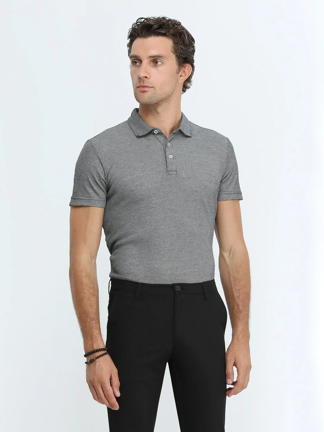 Siyah Baskılı Polo Yaka Pamuk Karışımlı T-Shirt - 3