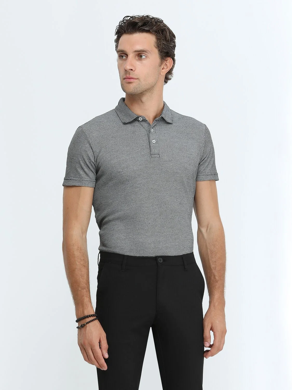 Siyah Baskılı Polo Yaka Pamuk Karışımlı T-Shirt - 3