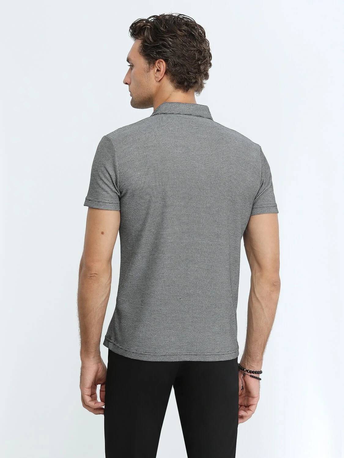 Siyah Baskılı Polo Yaka Pamuk Karışımlı T-Shirt - 5