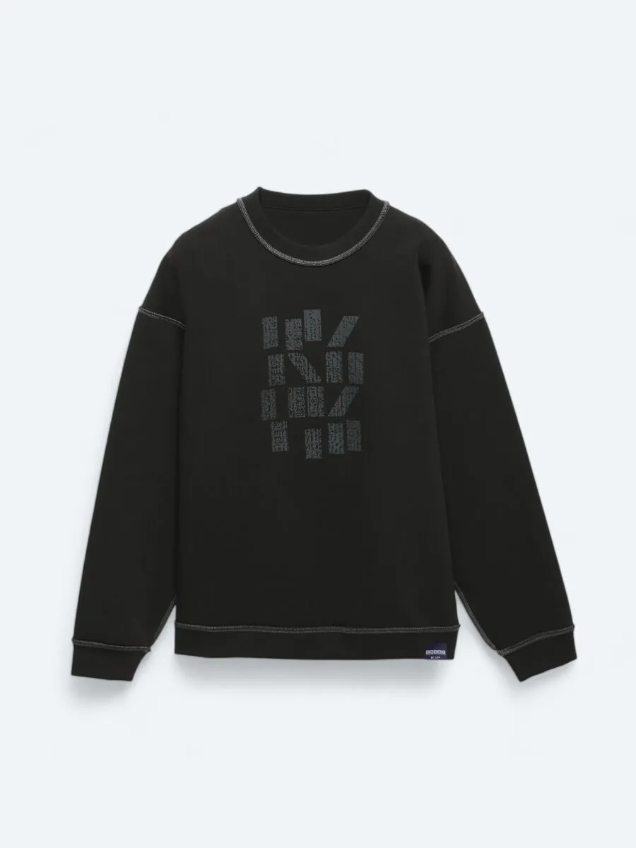 Siyah Bisiklet Yaka Baskılı Çift Taraflı Sweatshırt - 11