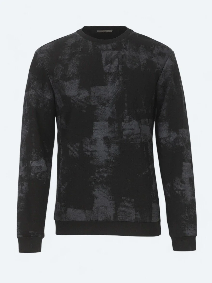 Siyah Bisiklet Yaka Baskılı Sweatshırt - 5