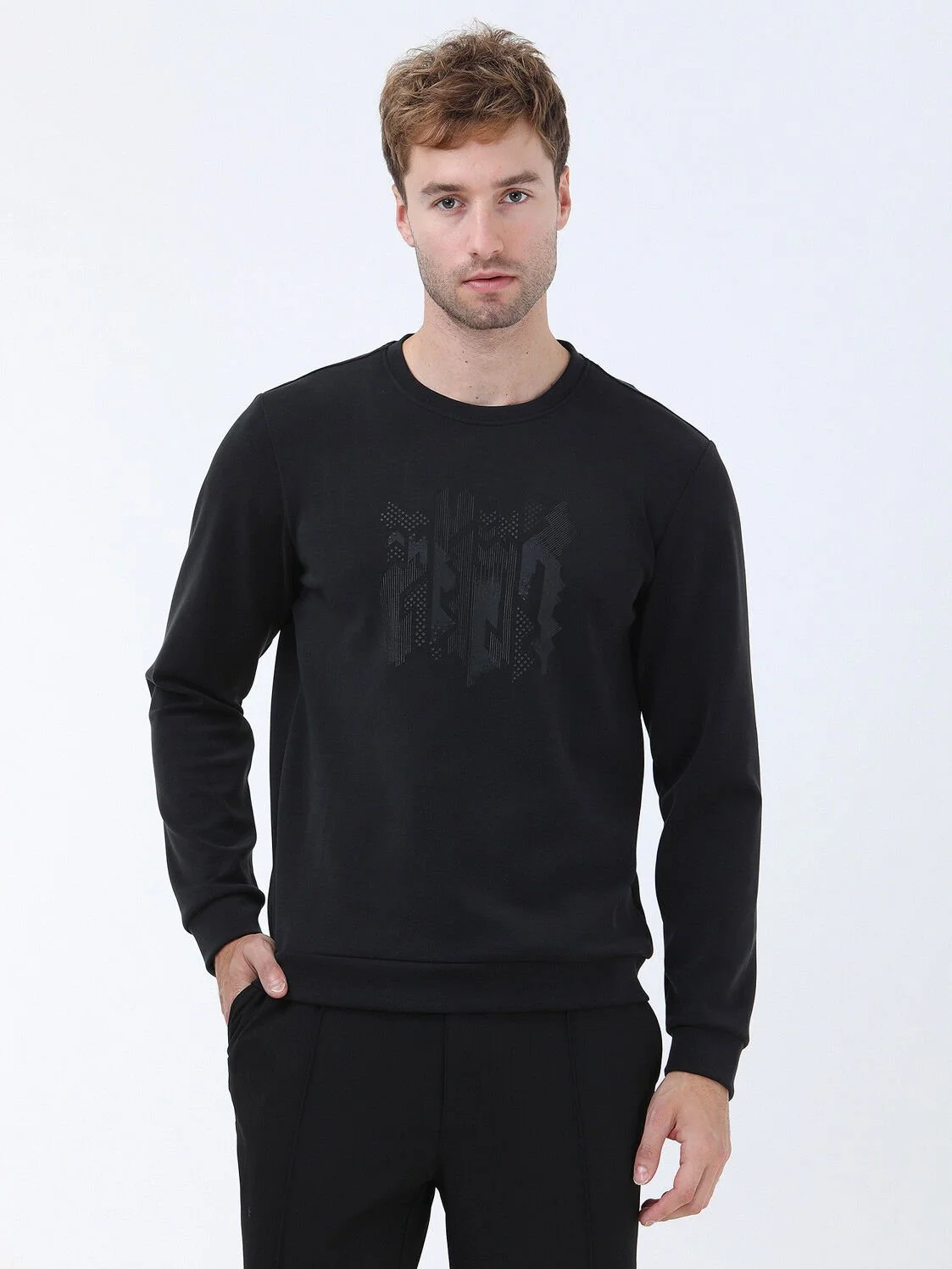 Siyah Bisiklet Yaka Baskılı Sweatshırt - 1