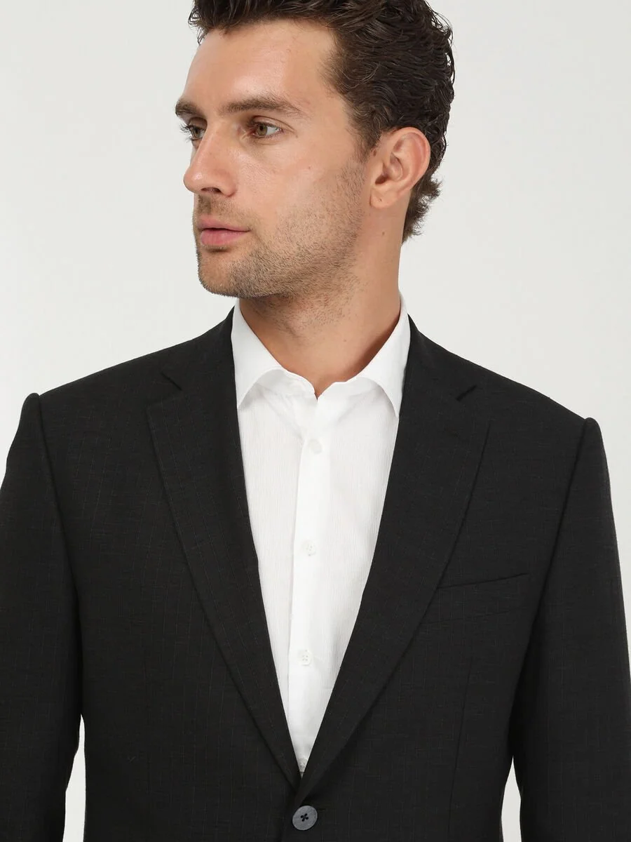 Siyah Çizgili Modern Fit Keten Karışımlı Takım Elbise - 3