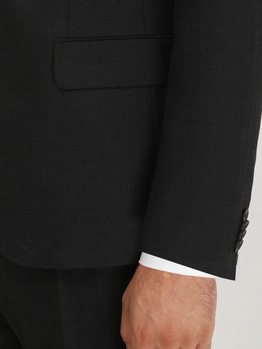 Siyah Çizgili Modern Fit Keten Karışımlı Takım Elbise - 4