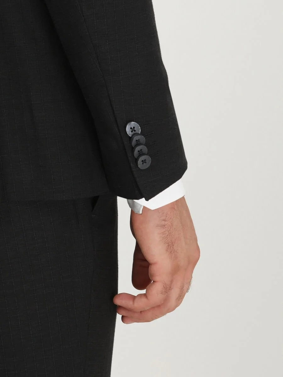 Siyah Çizgili Modern Fit Keten Karışımlı Takım Elbise - 5