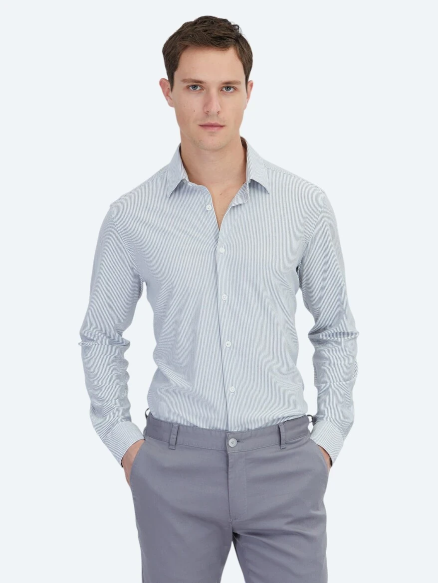 Siyah Çizgili Regular Fit Casual Pamuk Karışımlı Gömlek - 1