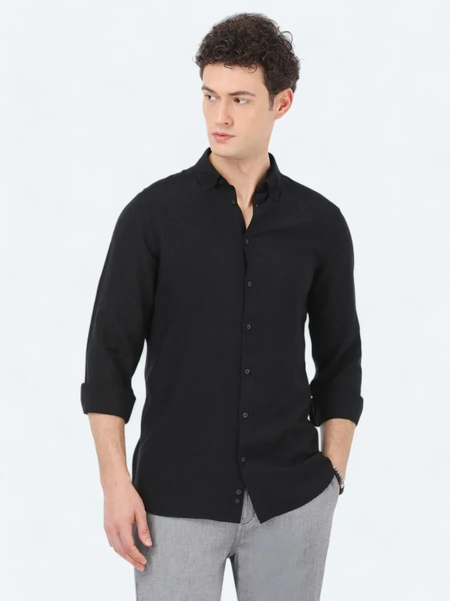 Siyah Çizgili Regular Fit Dokuma Casual Gömlek - 1