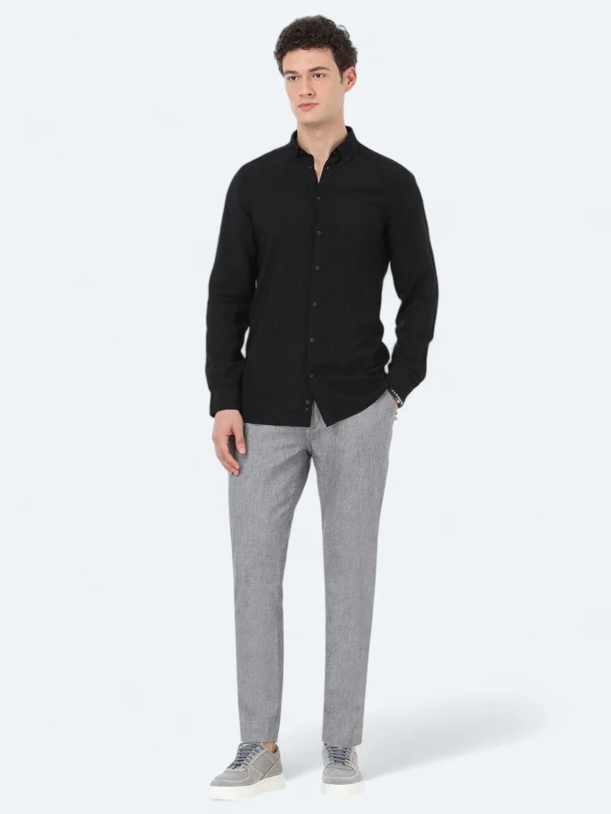 Siyah Çizgili Regular Fit Dokuma Casual Gömlek - 2