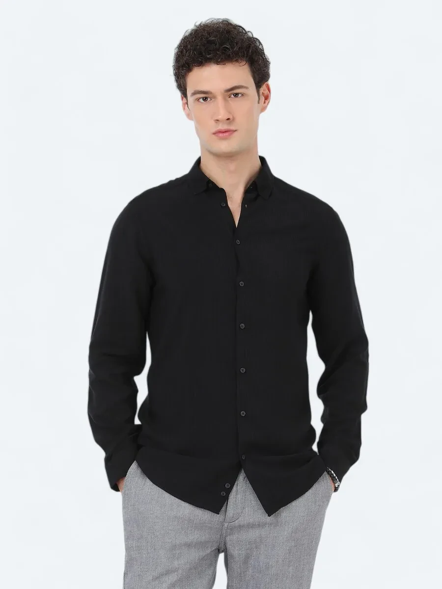 Siyah Çizgili Regular Fit Dokuma Casual Gömlek - 3