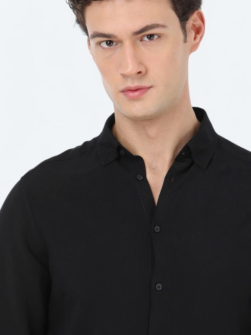 Siyah Çizgili Regular Fit Dokuma Casual Gömlek - 4