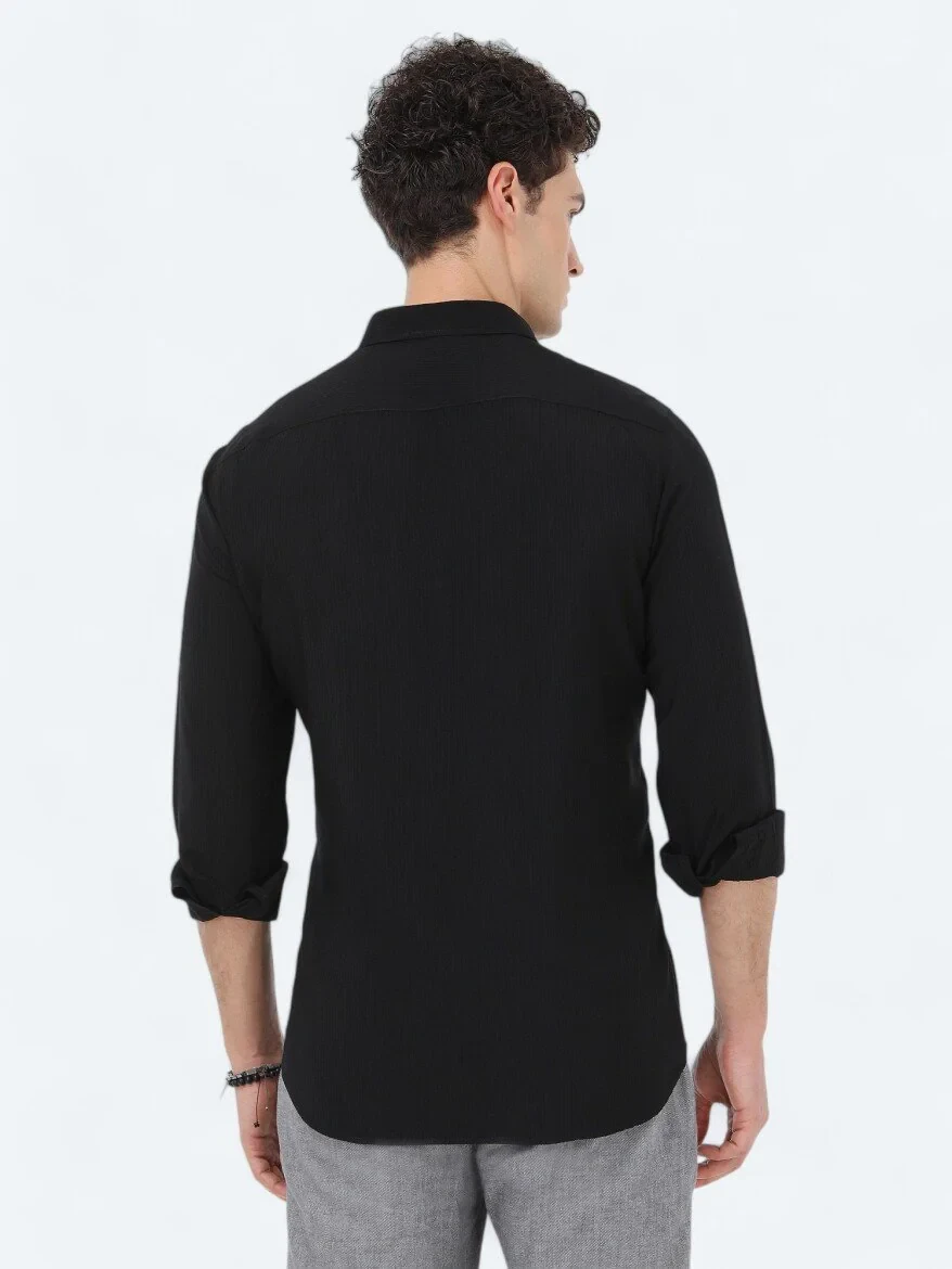 Siyah Çizgili Regular Fit Dokuma Casual Gömlek - 5