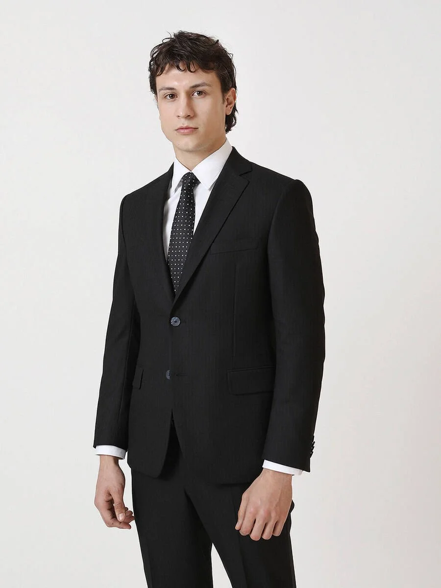 Siyah Çizgili Regular Fit Takım Elbise - 1