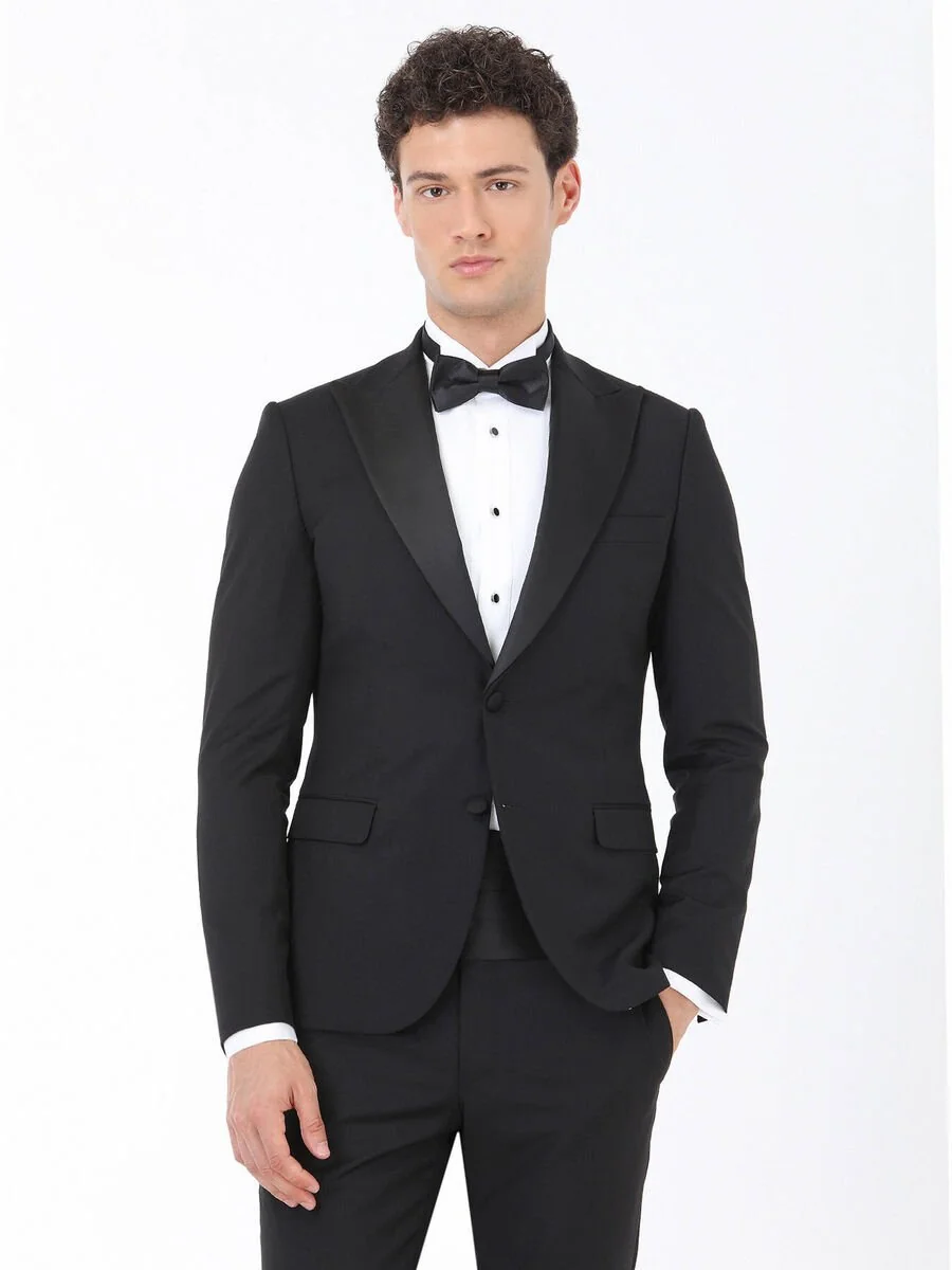 Siyah Çizgili Slim Fit Kruvaze Yaka Dokuma Smokin Takım Elbise - 1