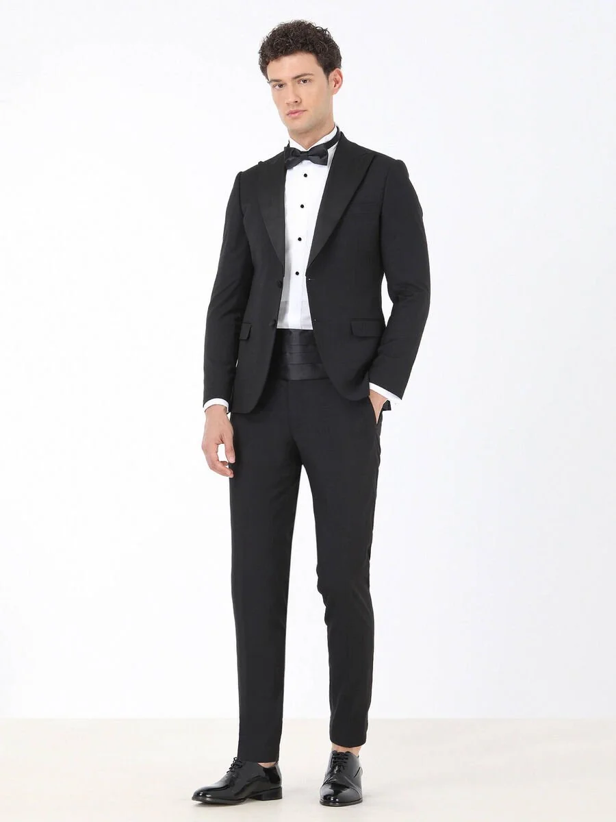 Siyah Çizgili Slim Fit Kruvaze Yaka Dokuma Smokin Takım Elbise - 2