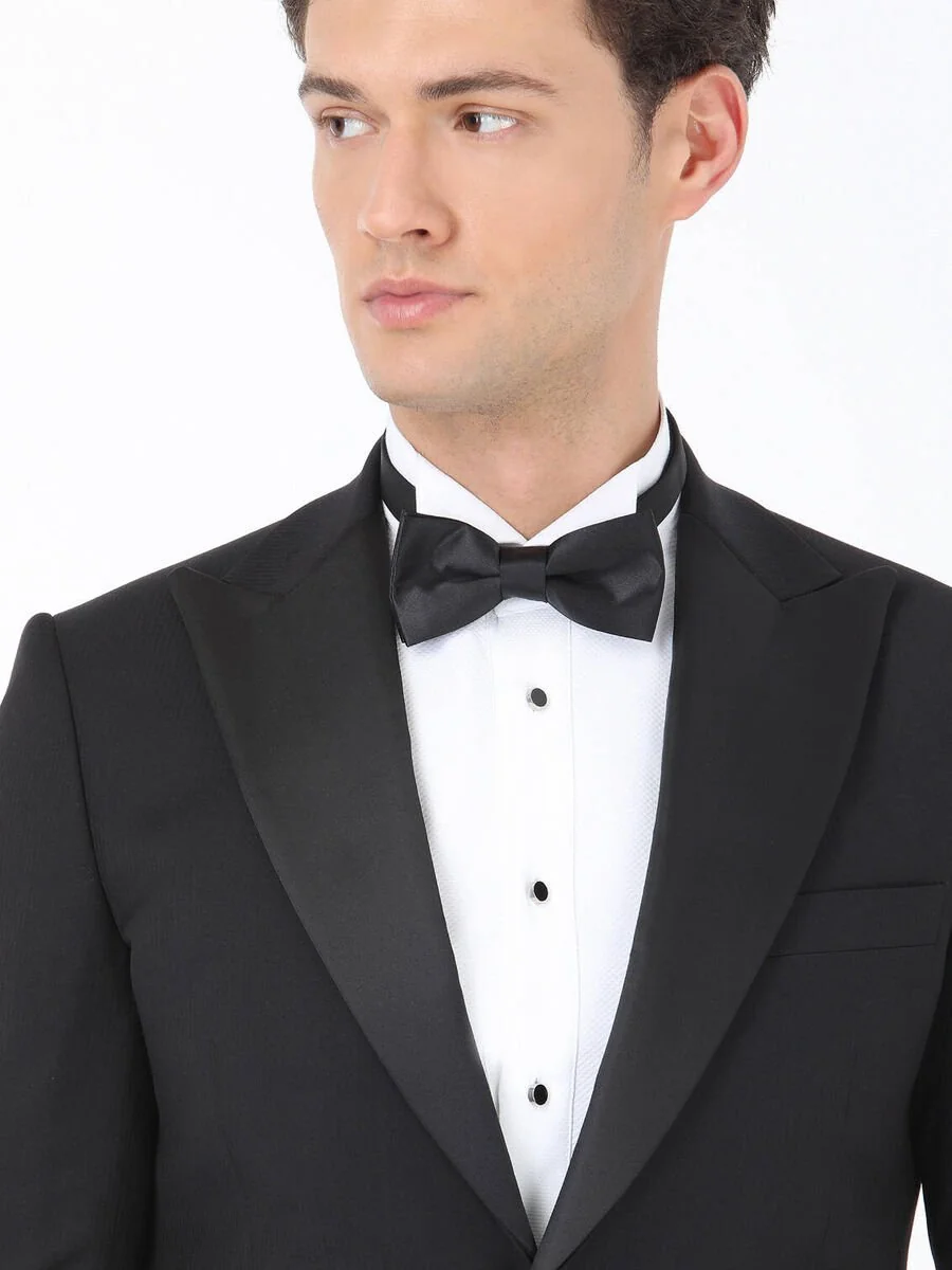 Siyah Çizgili Slim Fit Kruvaze Yaka Dokuma Smokin Takım Elbise - 3
