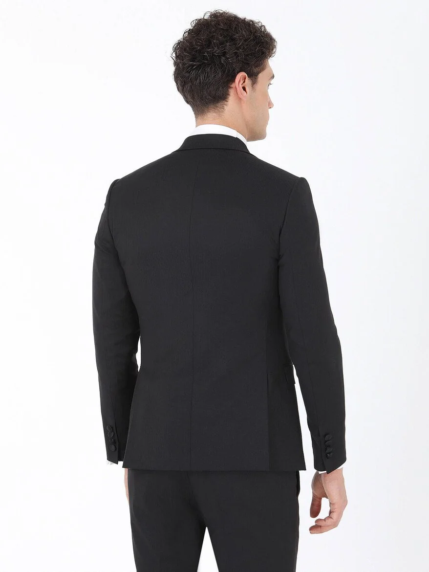 Siyah Çizgili Slim Fit Kruvaze Yaka Dokuma Smokin Takım Elbise - 5