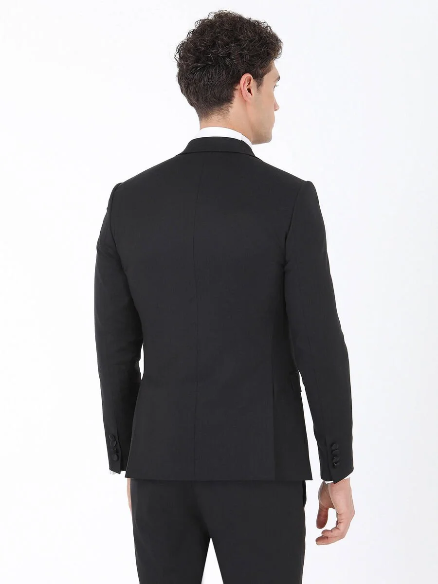 Siyah Çizgili Slim Fit Kruvaze Yaka Dokuma Smokin Takım Elbise - 5