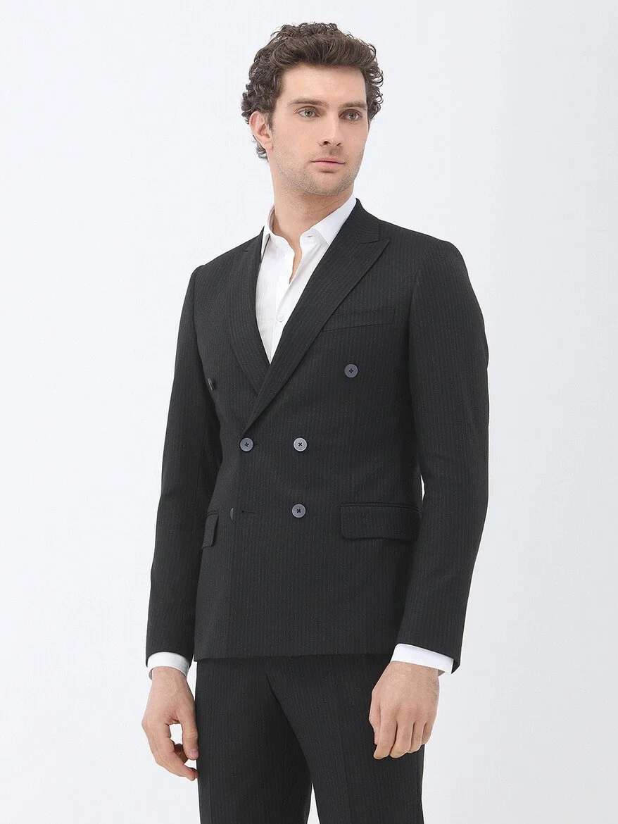Siyah Çizgili Slim Fit Takım Elbise - 1