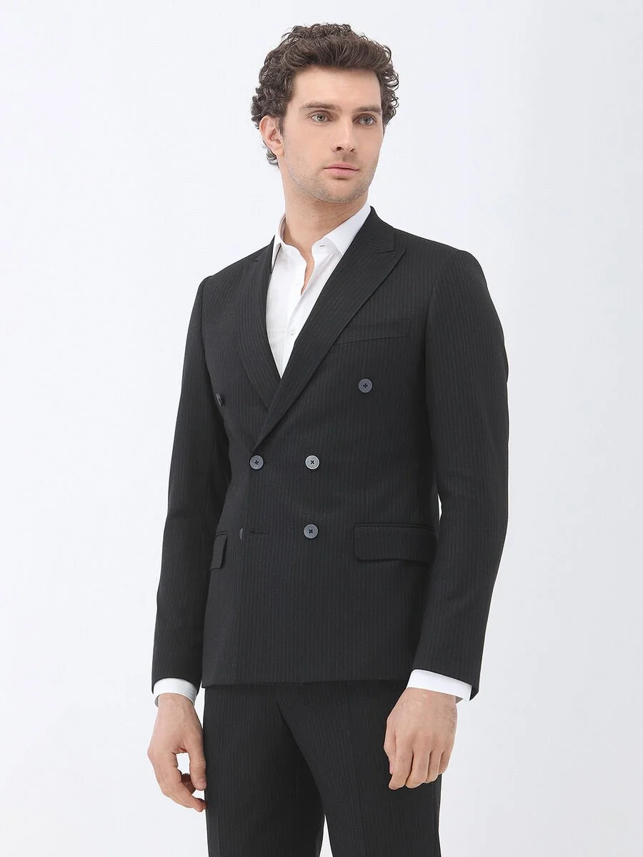 Siyah Çizgili Slim Fit Takım Elbise - 1