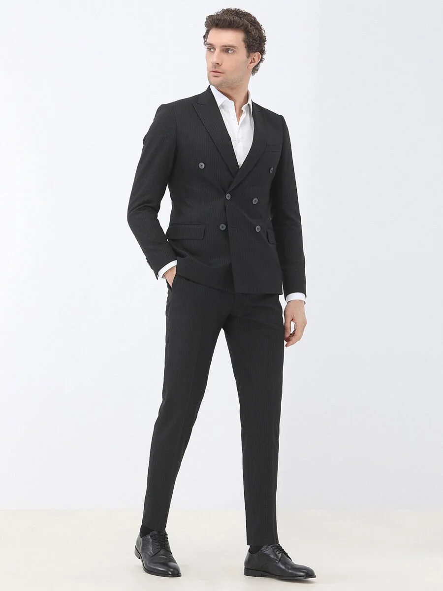 Siyah Çizgili Slim Fit Takım Elbise - 2