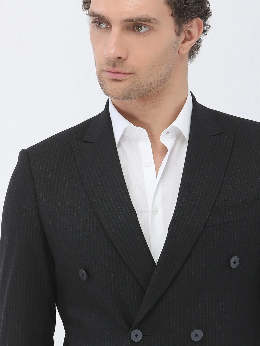 Siyah Çizgili Slim Fit Takım Elbise - 3