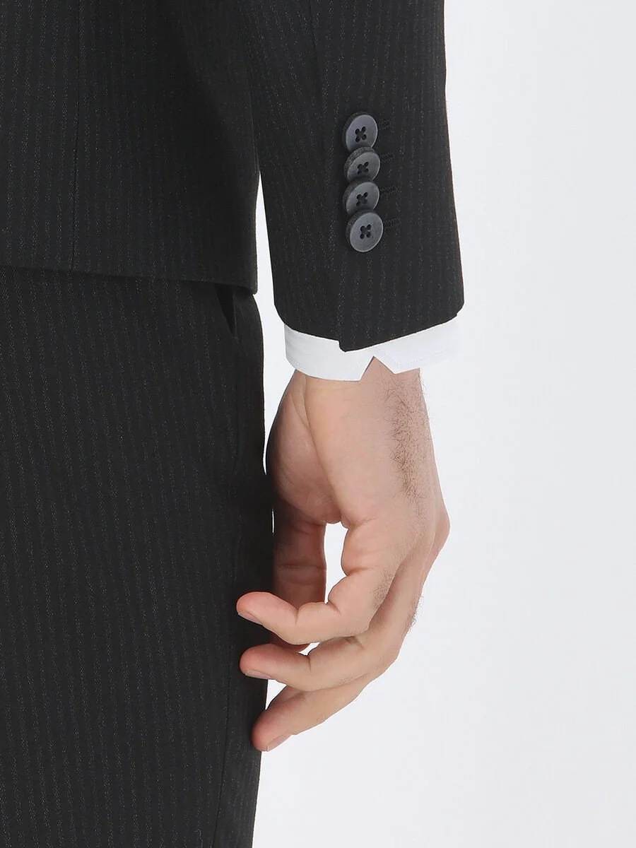 Siyah Çizgili Slim Fit Takım Elbise - 4