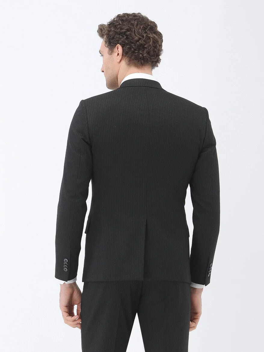 Siyah Çizgili Slim Fit Takım Elbise - 5