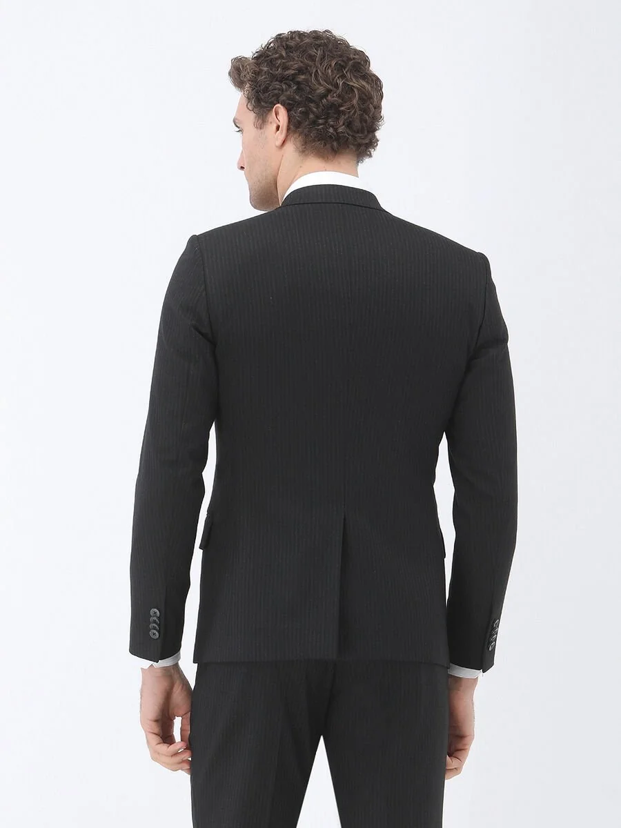 Siyah Çizgili Slim Fit Takım Elbise - 5
