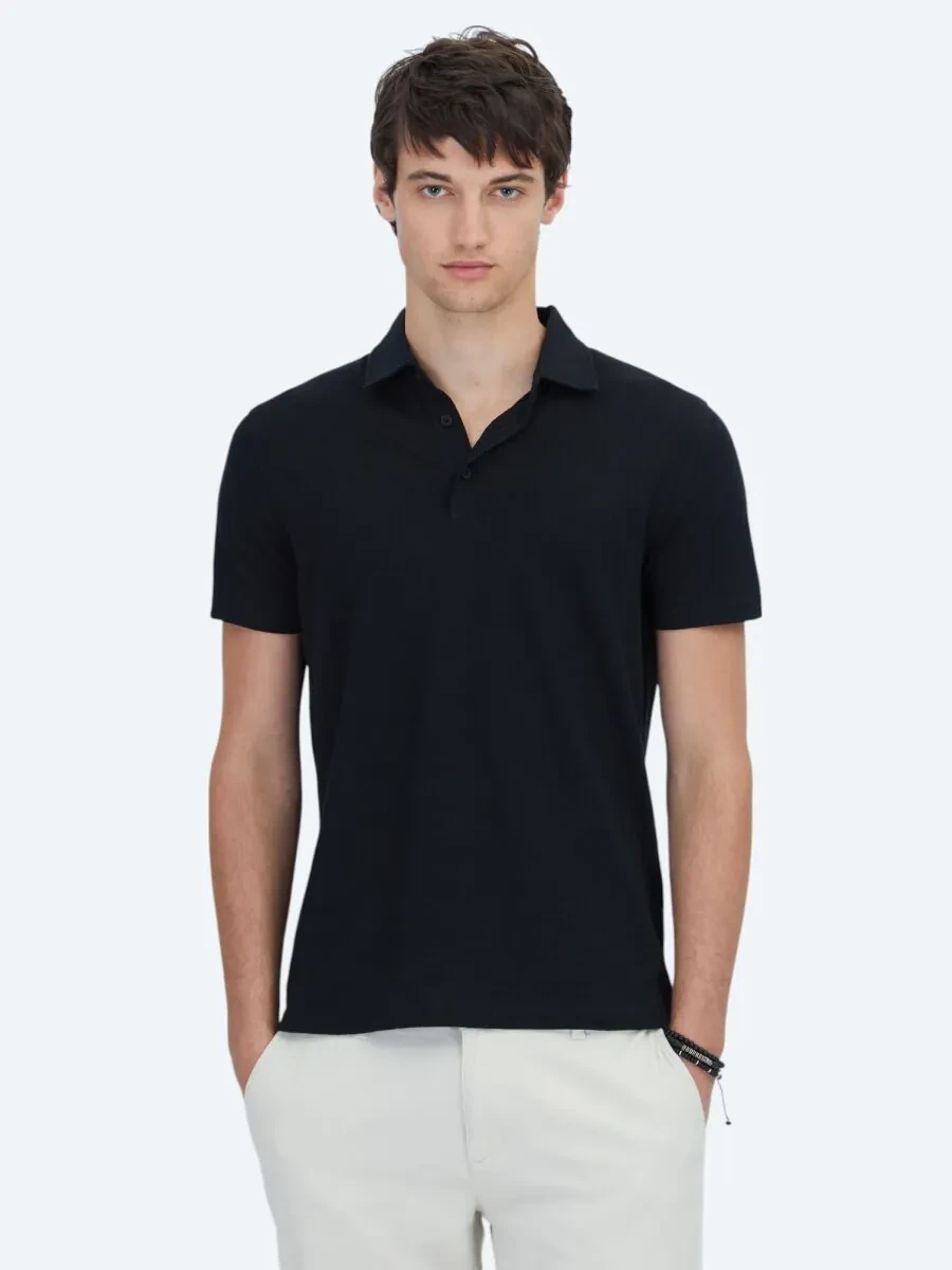 Siyah Desenli Polo Yaka Pamuk Karışımlı T-Shirt - 1