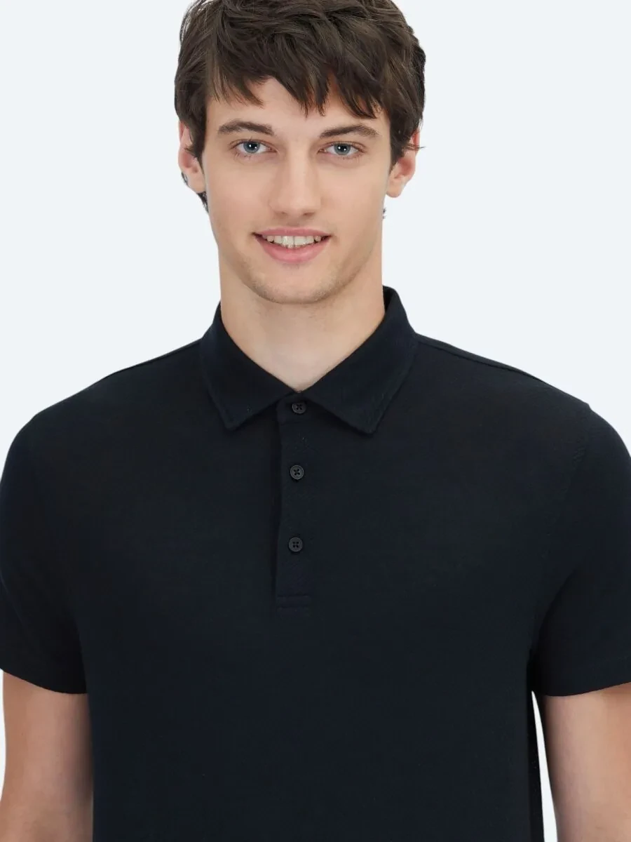Siyah Desenli Polo Yaka Pamuk Karışımlı T-Shirt - 3