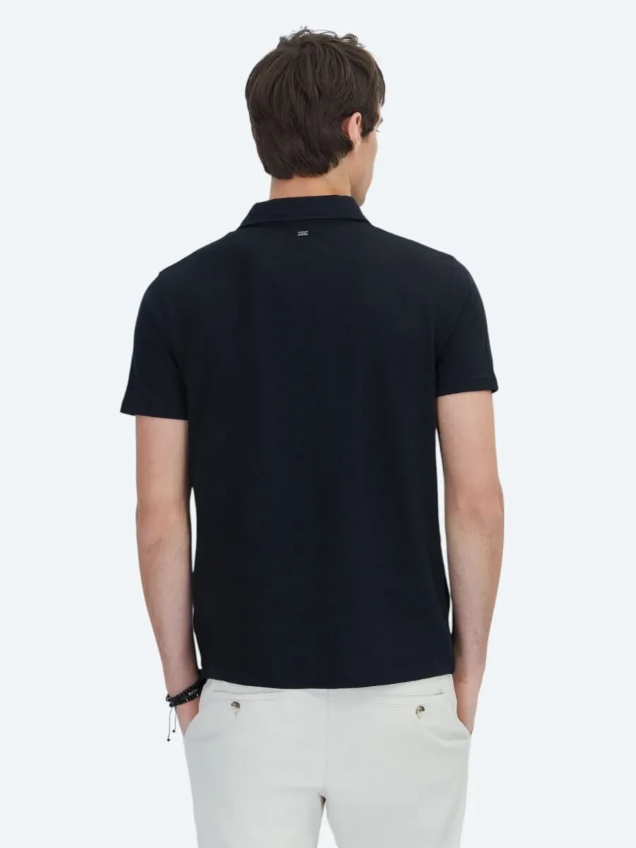Siyah Desenli Polo Yaka Pamuk Karışımlı T-Shirt - 5