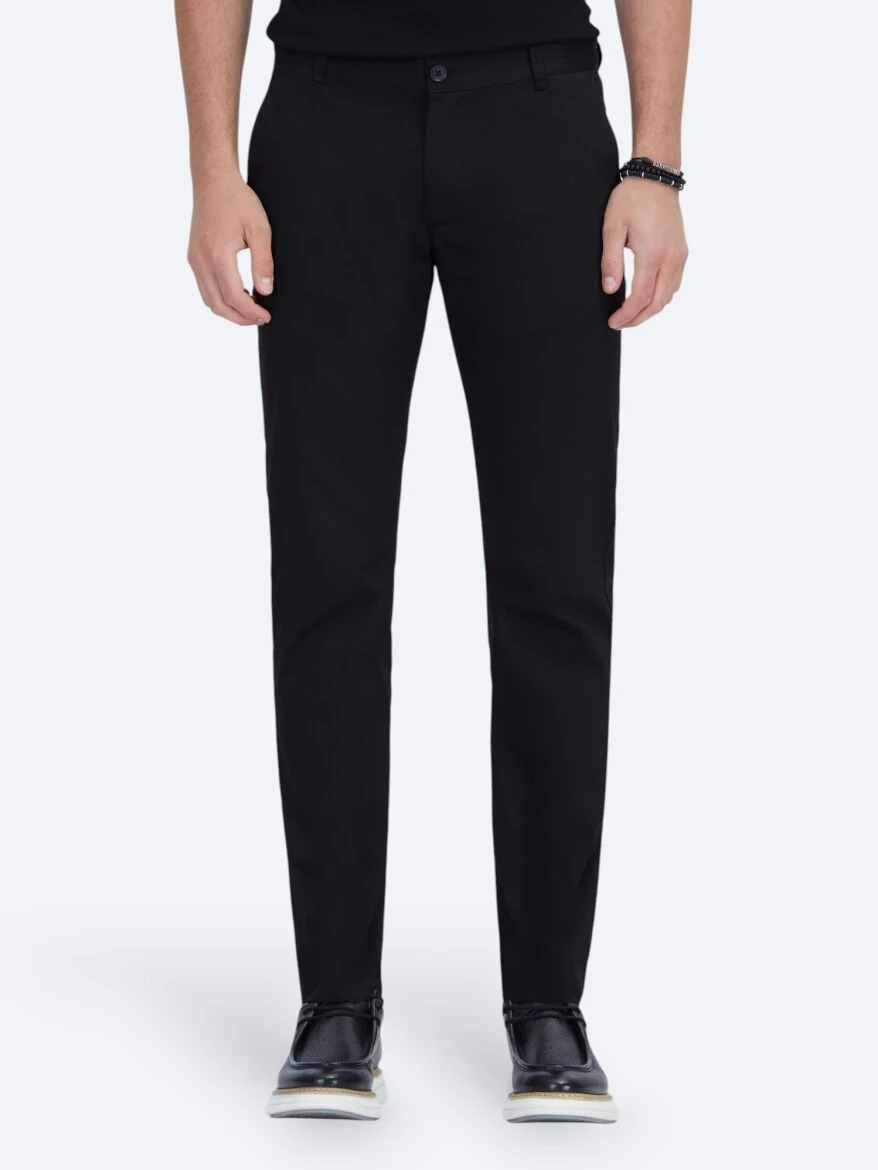 Siyah Dokuma Casual Pamuk Karışımlı Pantolon - 2