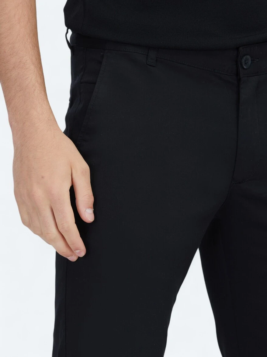 Siyah Dokuma Casual Pamuk Karışımlı Pantolon - 3