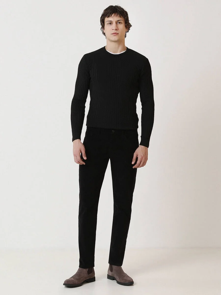 Siyah Dokuma Regular Fit Kadife Casual Pamuk Karışımlı Pantolon - 2