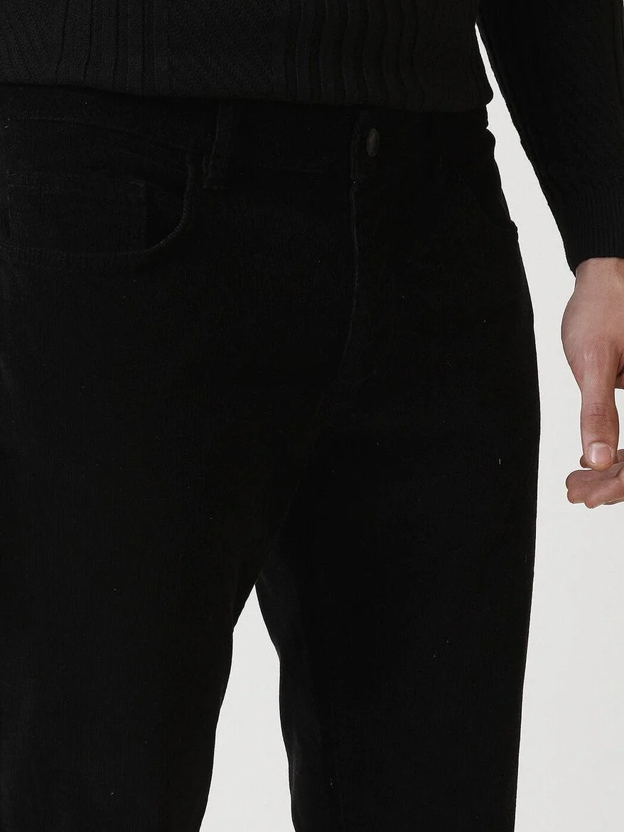 Siyah Dokuma Regular Fit Kadife Casual Pamuk Karışımlı Pantolon - 3